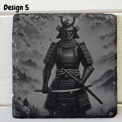 Engraved Samurai Warrior Slate Coaster – Rustic Japanese Gift & Home Bar Decor