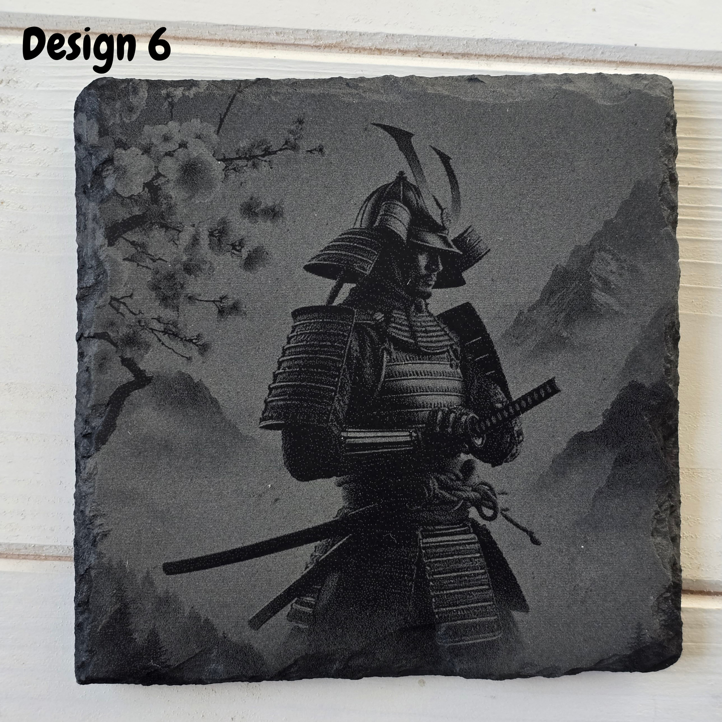 Engraved Samurai Warrior Slate Coaster – Rustic Japanese Gift & Home Bar Decor