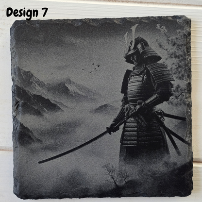Engraved Samurai Warrior Slate Coaster – Rustic Japanese Gift & Home Bar Decor
