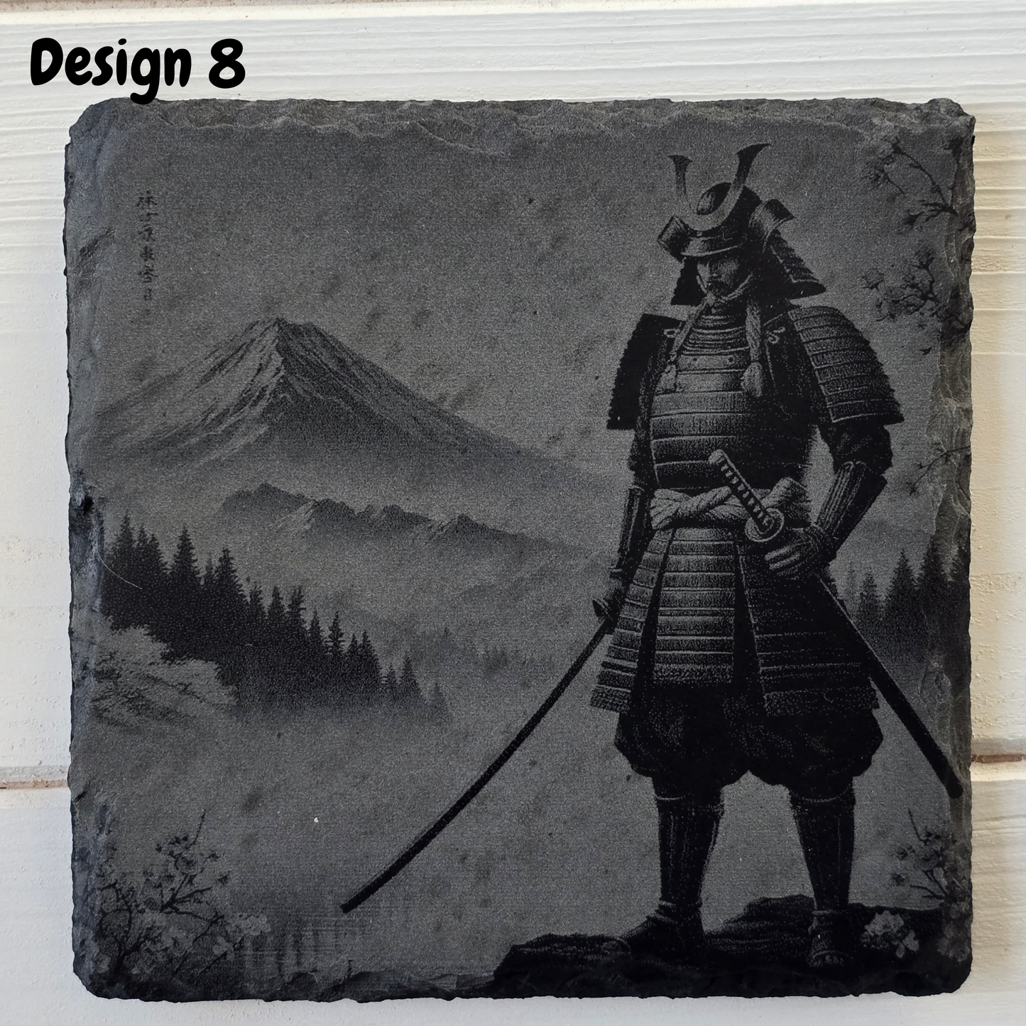 Engraved Samurai Warrior Slate Coaster – Rustic Japanese Gift & Home Bar Decor