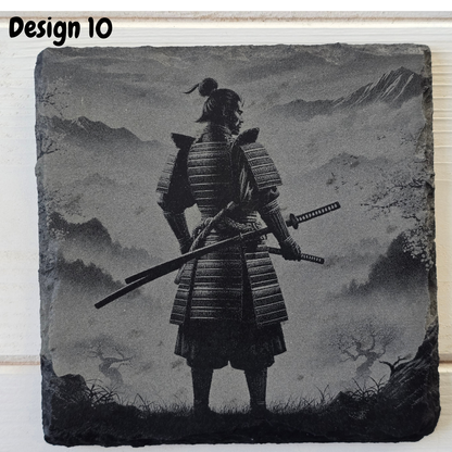Engraved Samurai Warrior Slate Coaster – Rustic Japanese Gift & Home Bar Decor