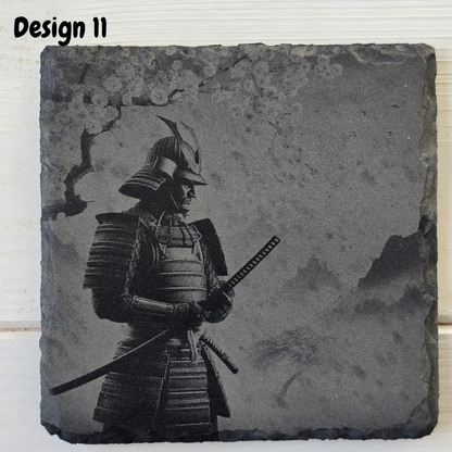 Engraved Samurai Warrior Slate Coaster – Rustic Japanese Gift & Home Bar Decor