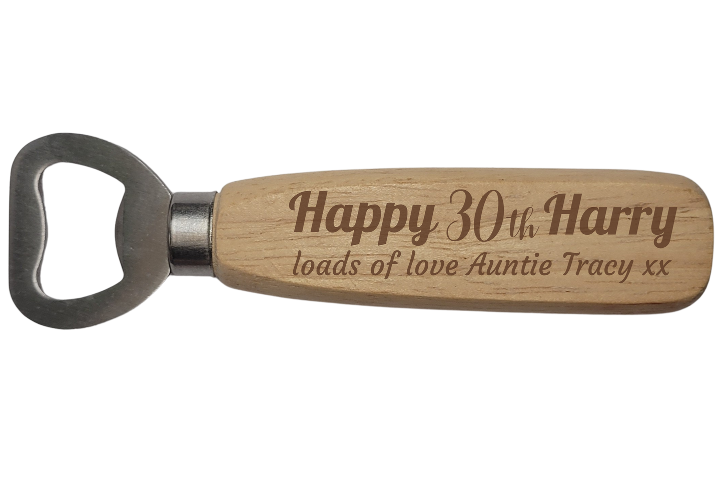 Personalised Wooden Bottle Opener – Birthday Gift with Name, Age & Message  Laser Engraved Handle  4 Unique Designs