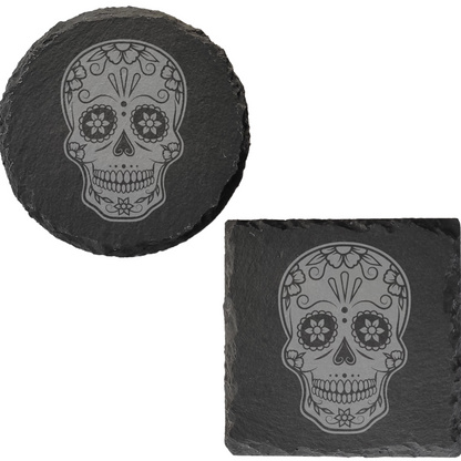 Día de los Muertos Slate Coaster – Mexican-Inspired Sugar Skull Design, Detailed Laser Engraving