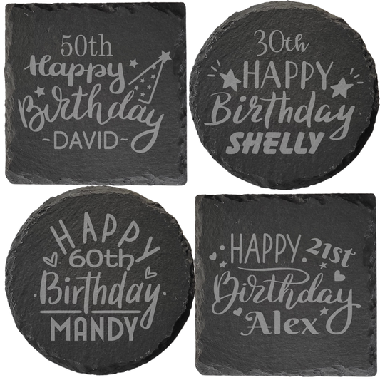 Personalised Milestone Birthday Slate Coaster – Custom Age & Name - 4 Design Options