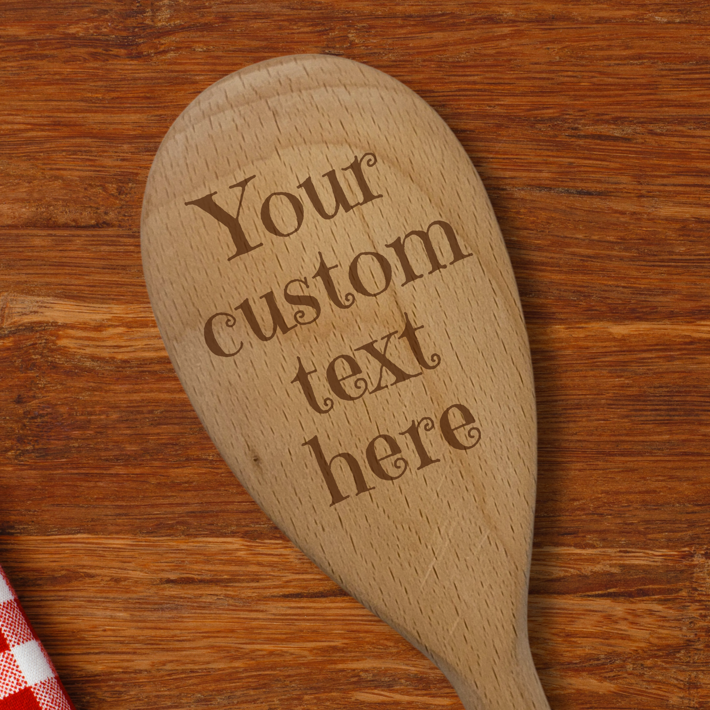 Personalised Beech Wooden Spoon – Custom Text on Spoon Head and/or Handle 25cm Gift with Ribbon Option