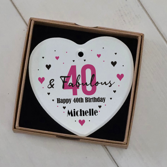 Personalised 40th Birthday Hanging Ceramic Heart – Custom Name Milestone Gift Keepsake Decoration