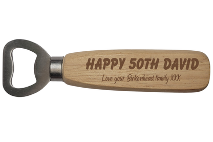 Personalised Wooden Bottle Opener – Birthday Gift with Name, Age & Message  Laser Engraved Handle  4 Unique Designs