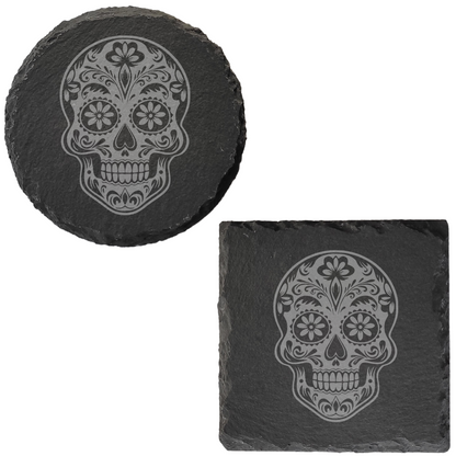 Día de los Muertos Slate Coaster – Mexican-Inspired Sugar Skull Design, Detailed Laser Engraving