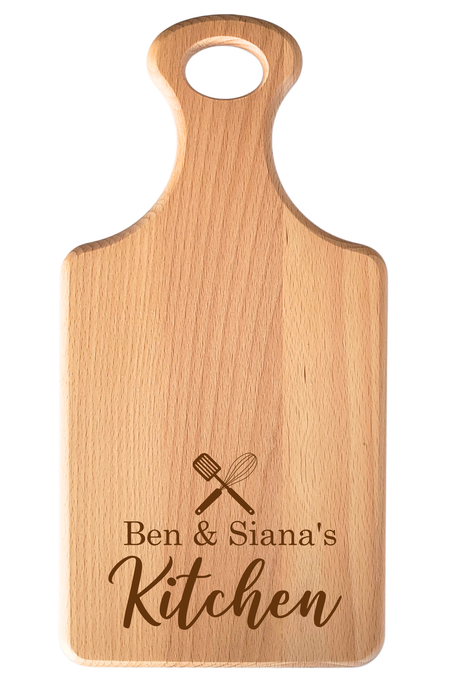 Personalised Paddle Beechwood Chopping Board – With Laser Engraved Names for a Couple with Subtle Kitchen & Dining Design Elements