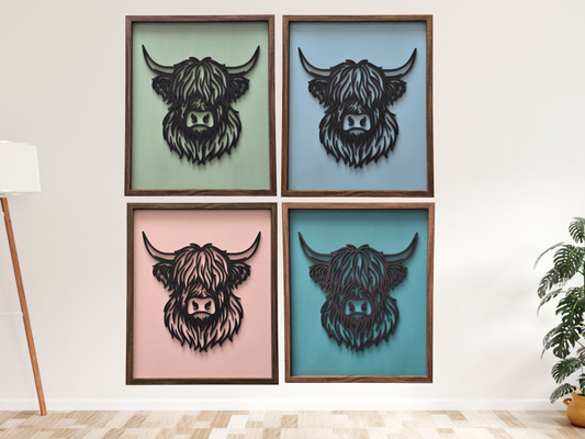 Geometric Highland Cow – Framed Line Art in 4 Colour Options