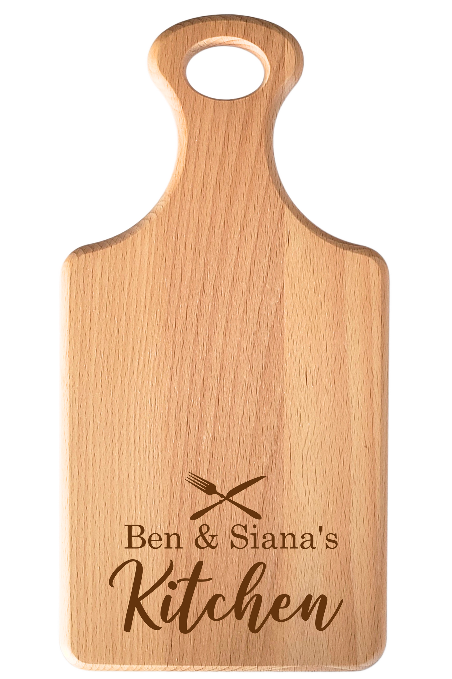 Personalised Paddle Beechwood Chopping Board – With Laser Engraved Names for a Couple with Subtle Kitchen & Dining Design Elements
