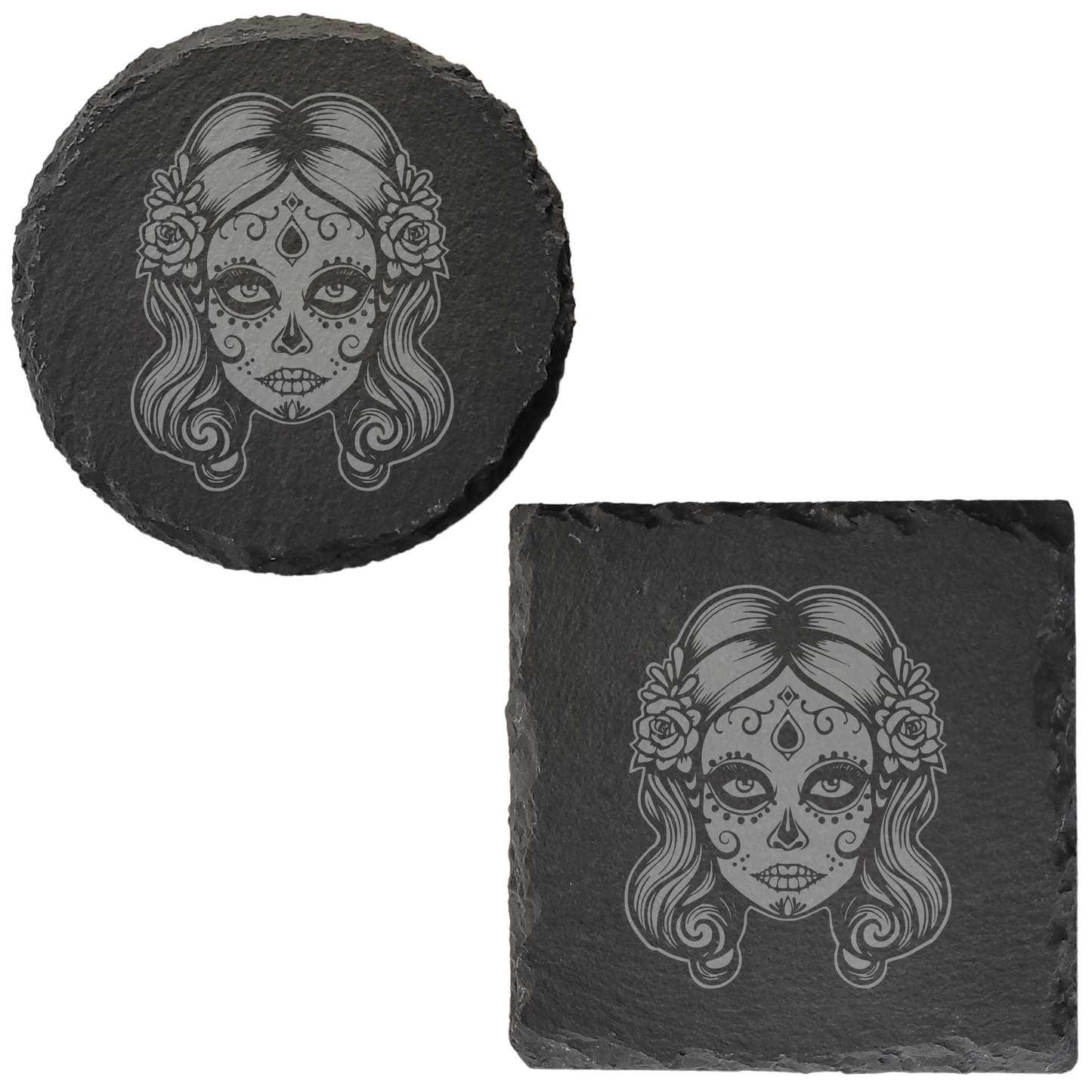 Día de los Muertos Slate Coaster – Mexican-Inspired Sugar Skull Design, Detailed Laser Engraving