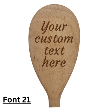Personalised Beech Wooden Spoon – Custom Text on Spoon Head and/or Handle 25cm Gift with Ribbon Option