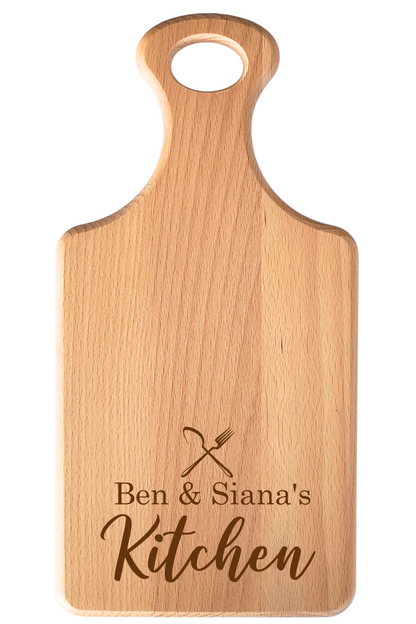 Personalised Paddle Beechwood Chopping Board – With Laser Engraved Names for a Couple with Subtle Kitchen & Dining Design Elements