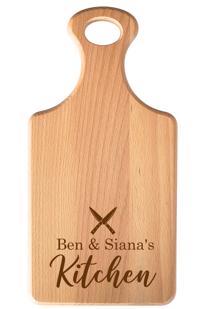 Personalised Paddle Beechwood Chopping Board – With Laser Engraved Names for a Couple with Subtle Kitchen & Dining Design Elements