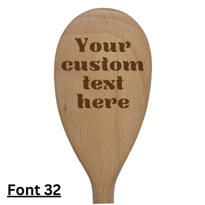 Personalised Beech Wooden Spoon – Custom Text on Spoon Head and/or Handle 25cm Gift with Ribbon Option