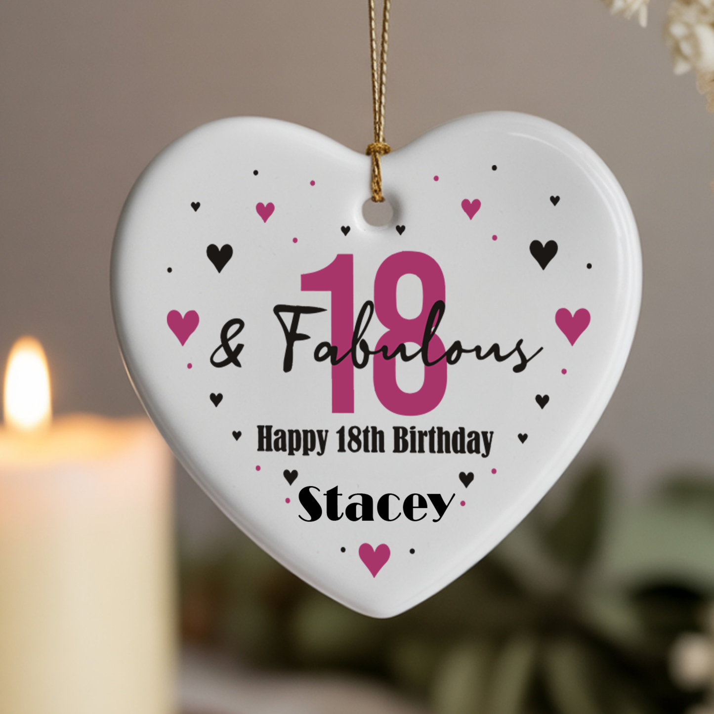 Personalised 18th Birthday Hanging Ceramic Heart – Custom Name Milestone Gift Keepsake Decoration