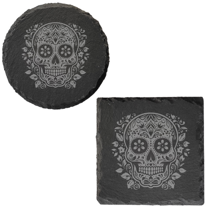 Día de los Muertos Slate Coaster – Mexican-Inspired Sugar Skull Design, Detailed Laser Engraving