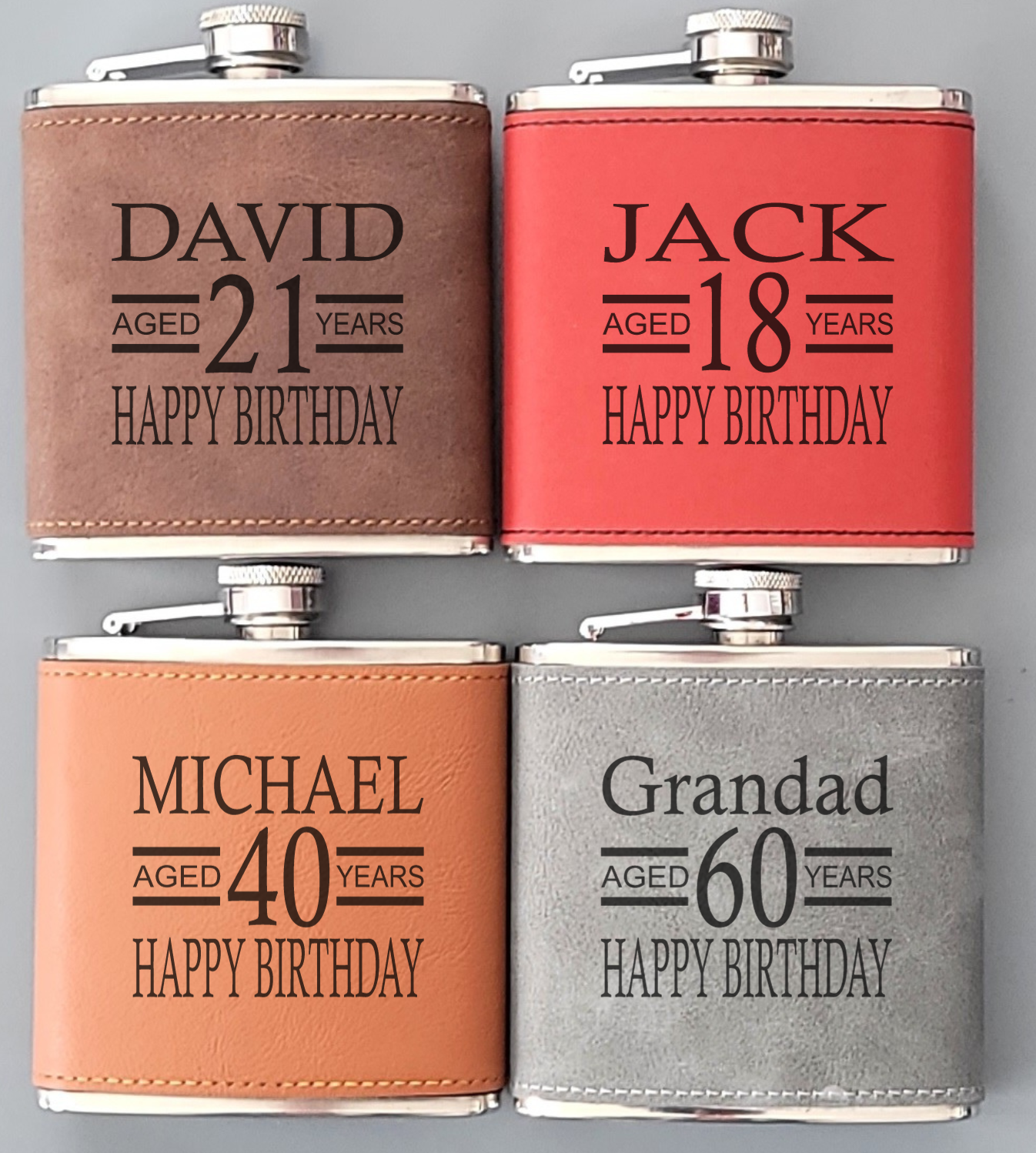 Personalised Birthday Hip Flask – Happy Birthday Design with Name & Age, Laser Engraved, Gift Box Option