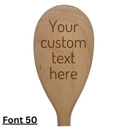 Personalised Beech Wooden Spoon – Custom Text on Spoon Head and/or Handle 25cm Gift with Ribbon Option