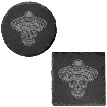 Día de los Muertos Slate Coaster – Mexican-Inspired Sugar Skull Design, Detailed Laser Engraving