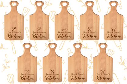 Personalised Paddle Beechwood Chopping Board – With Laser Engraved Names for a Couple with Subtle Kitchen & Dining Design Elements