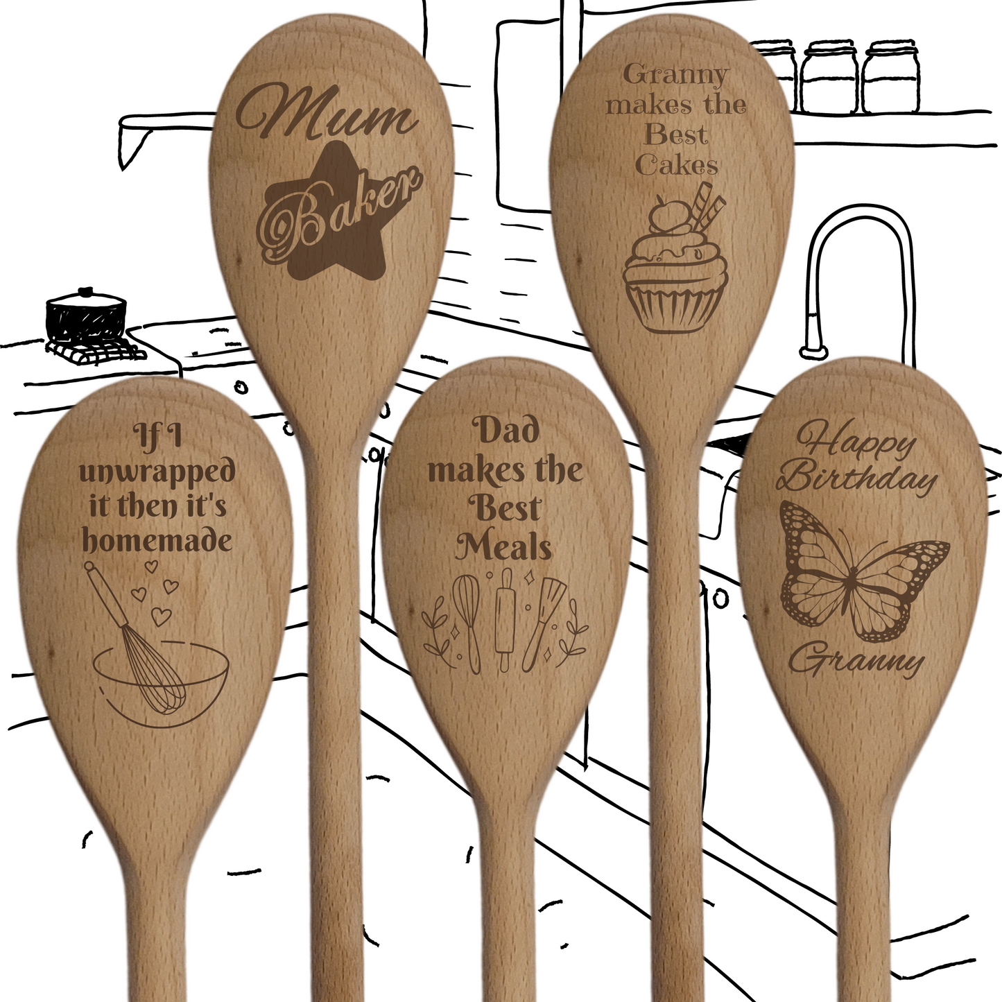 Laser Engraved Wooden Mixing Spoon – 5 Unique Designs | Gift-Ready with Ribbon | Handmade Kitchen Utensil