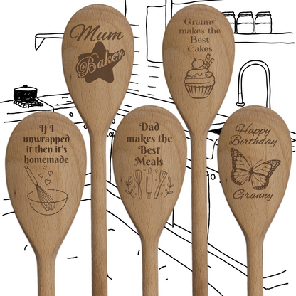 Laser Engraved Wooden Mixing Spoon – 5 Unique Designs | Gift-Ready with Ribbon | Handmade Kitchen Utensil
