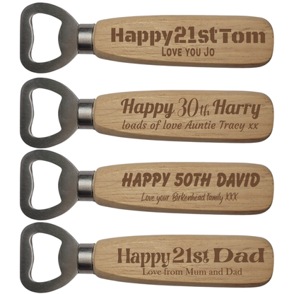 Personalised Wooden Bottle Opener – Birthday Gift with Name, Age & Message  Laser Engraved Handle  4 Unique Designs