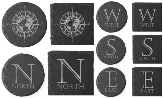 Laser Engraved Compass Slate Coasters – Round or Square | North, South, East, West Design