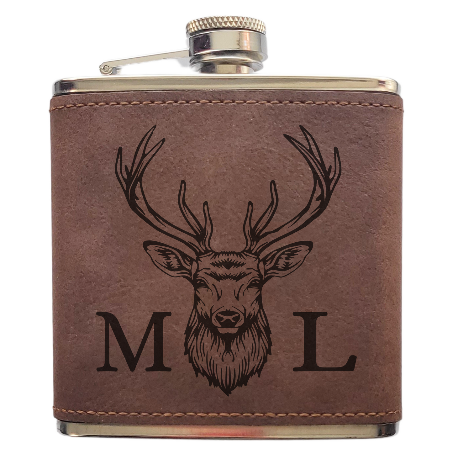 Personalised Stag Head Hip Flask – Laser Engraved 6oz Flask with Optional Initials, 4 Colours, Gift Box Available