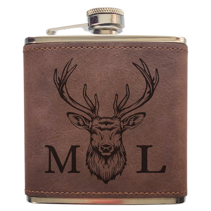 Personalised Stag Head Hip Flask – Laser Engraved 6oz Flask with Optional Initials, 4 Colours, Gift Box Available