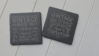 Personalised Vintage Slate Coaster – Add a Custom Birth Year Design, 2 Styles Available, Optional Gift Box